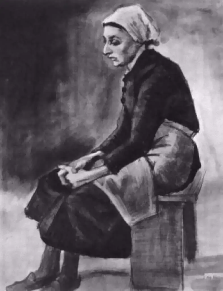 van Gogh Drawings: Woman With White Cloth Around Her Head Sitting On A Bench