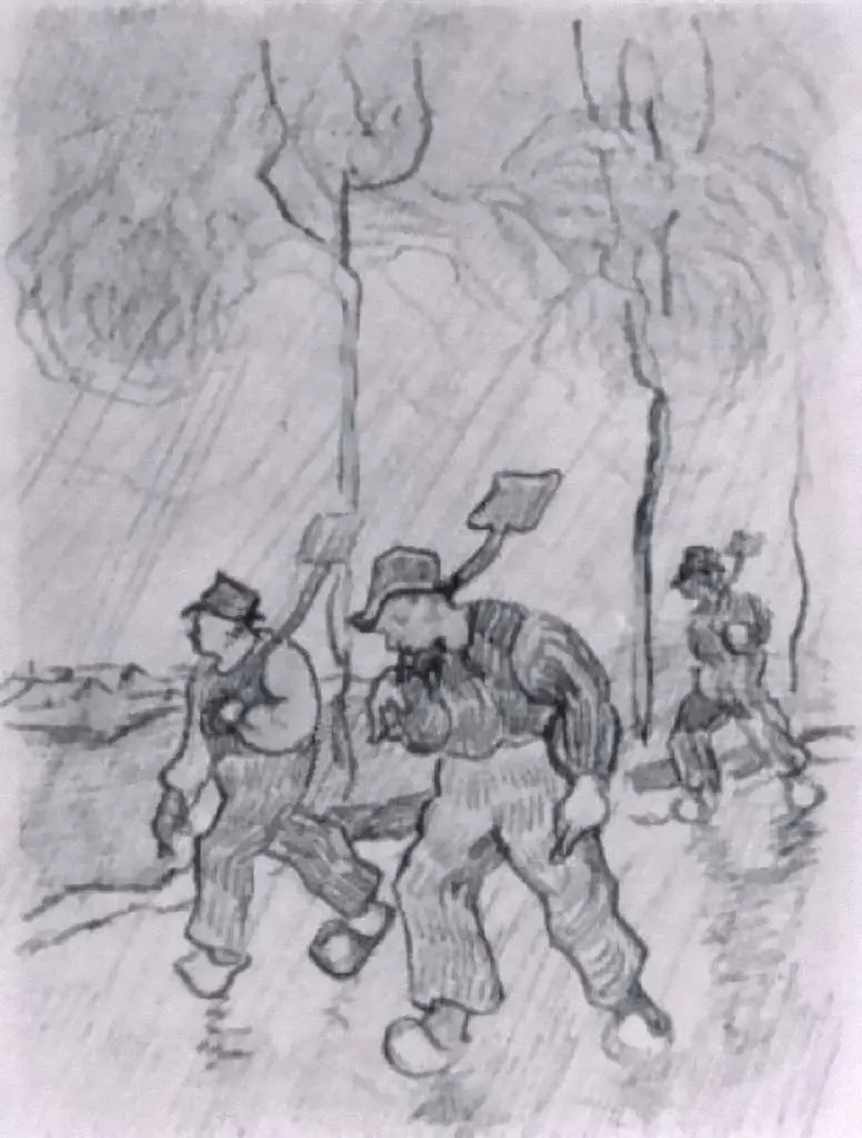 van Gogh Drawings: Hree Peasants With Spades On A Road In The Rain