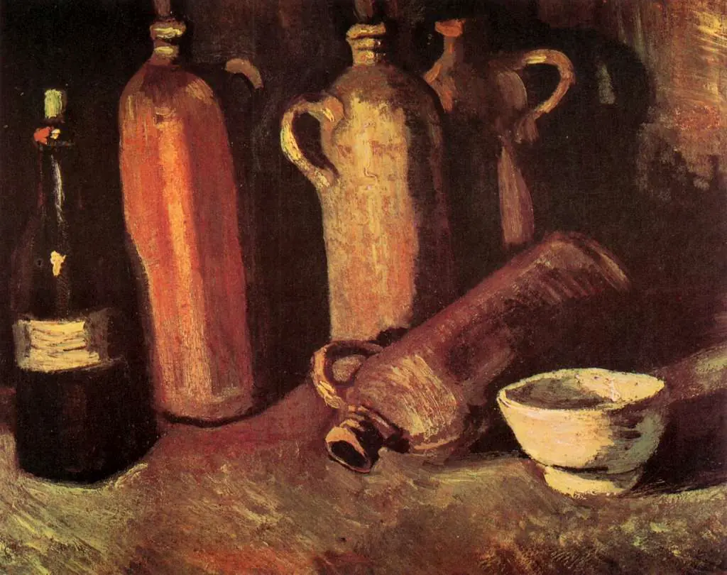 van Gogh Nuenen 1883-85: Still Life With Four Stone Bottles Flask And White Cup