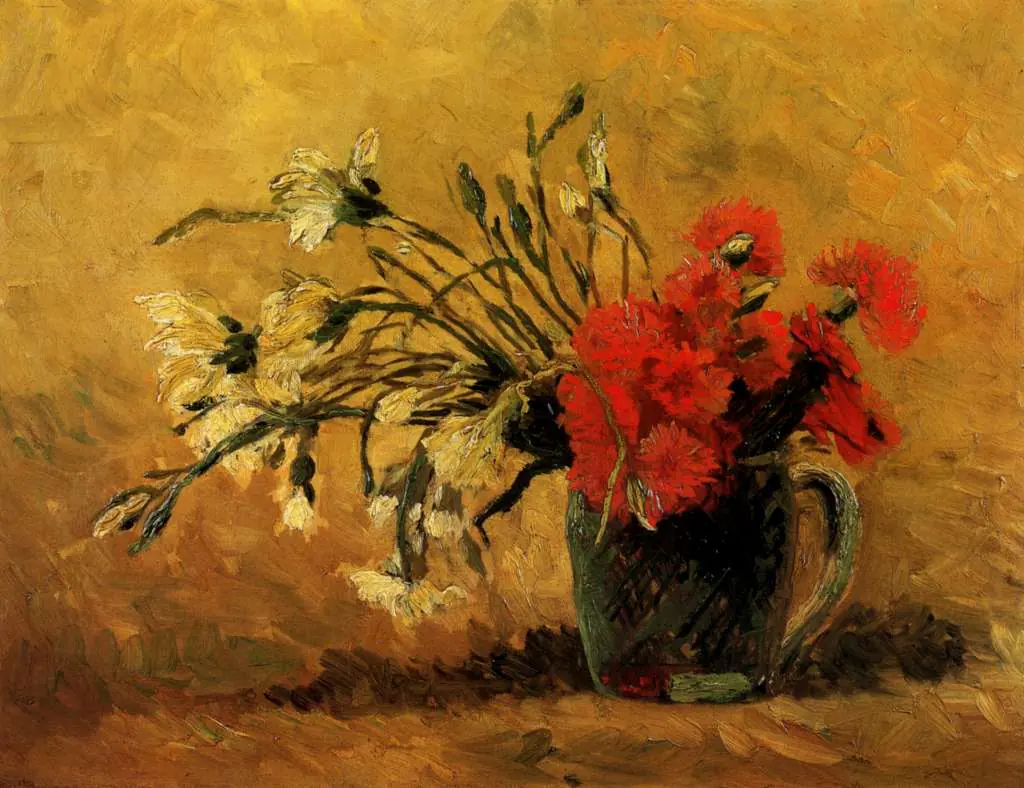 van Gogh Paris 1886-88: Vase With Red And White Carnations On Yellow Background