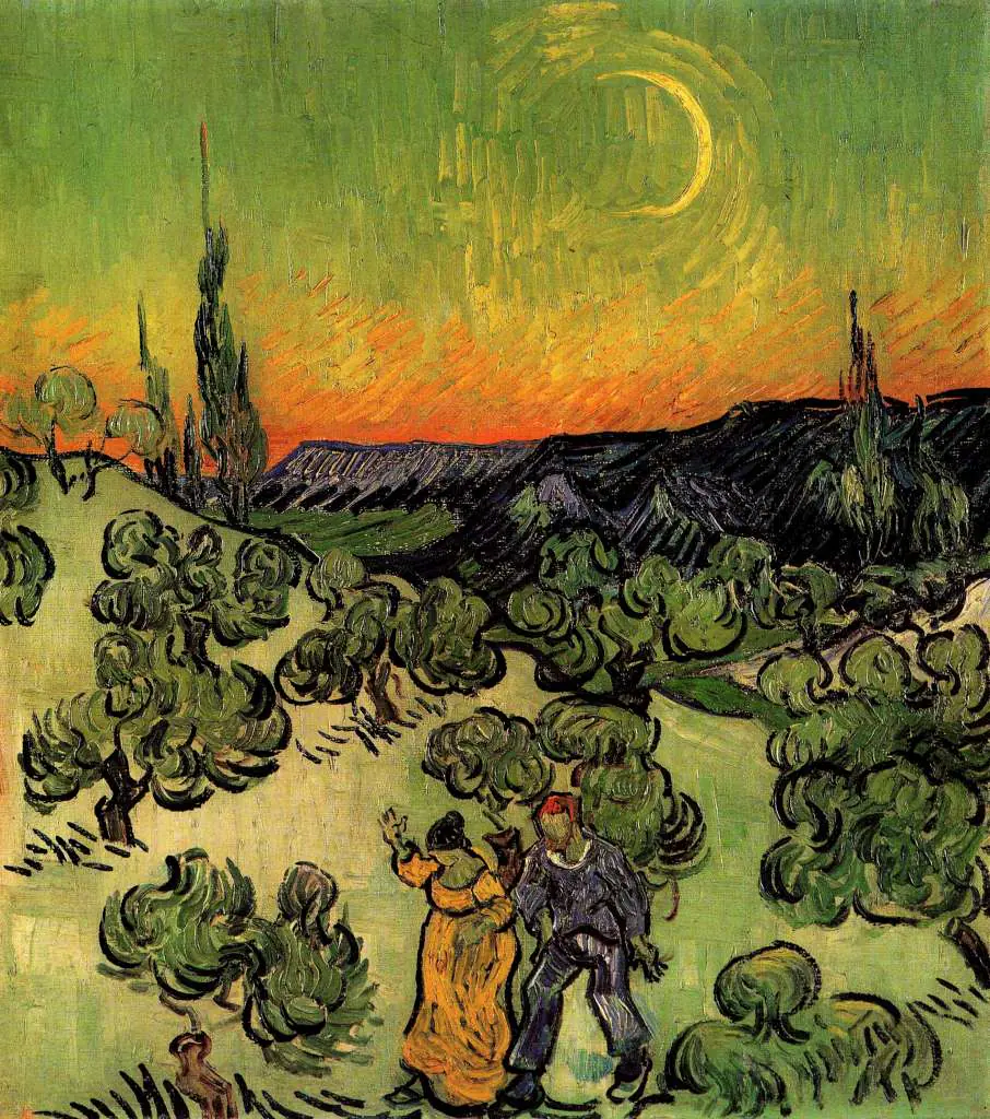van Gogh Saint Remy 1889-90: Landscape With Couple Walking And Crescent Moon