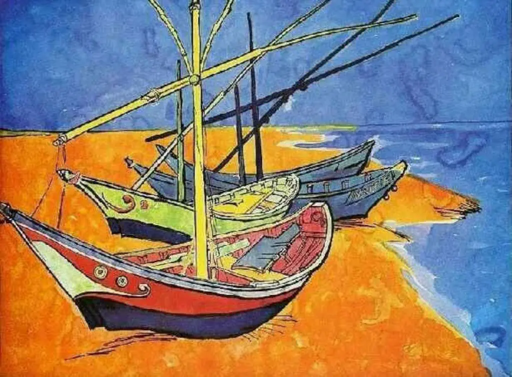 van Gogh Watercolors: Fishing Boats On The Beach